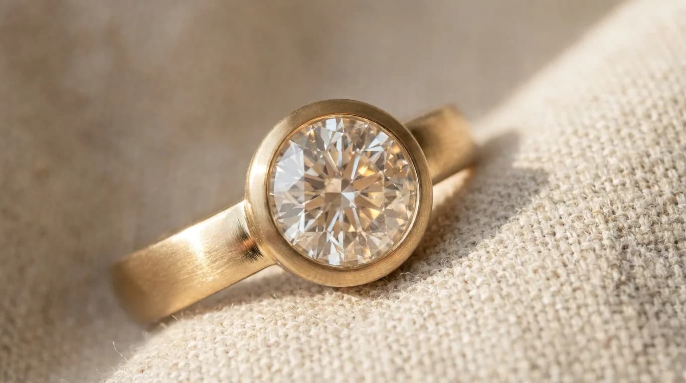 Macro view of a lab-grown moissanite held in a gold-tone bezel setting